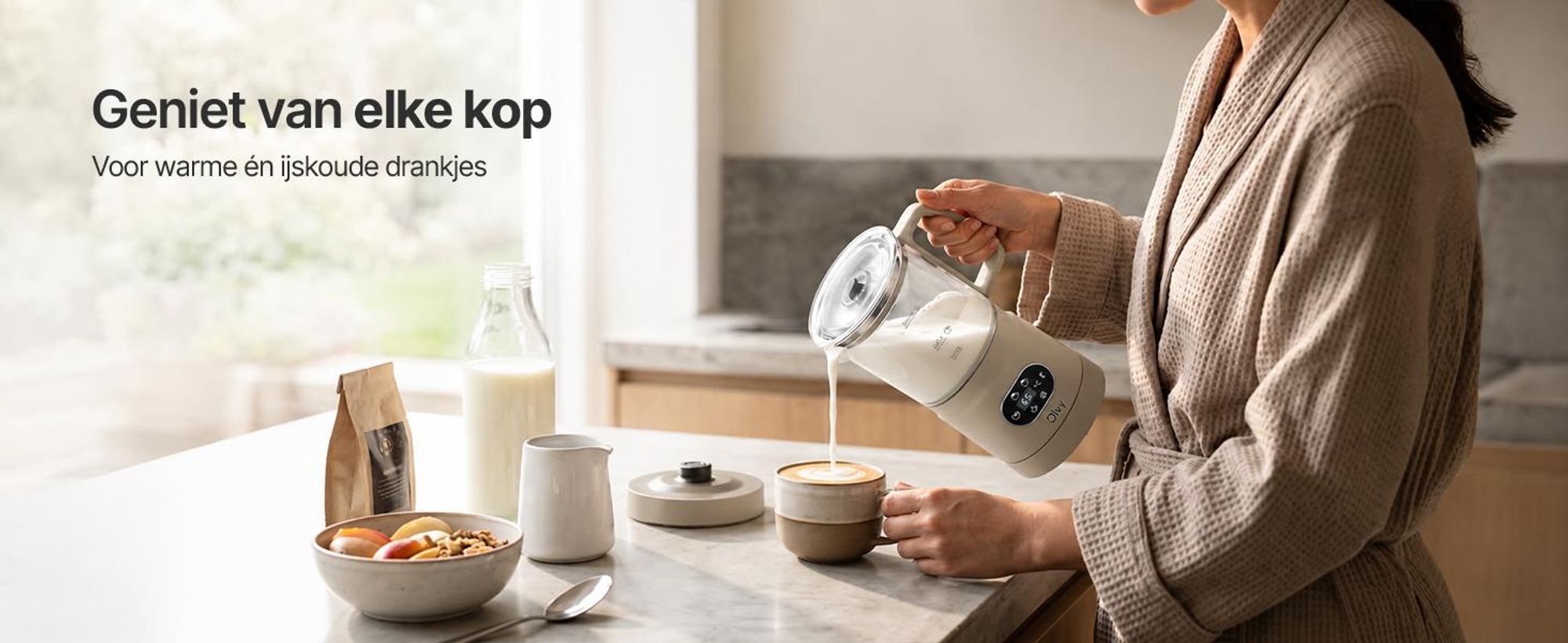 Olvy Elektrische melkschuimer van glas, 4-in-1, 500W, met temperatuurindicator, 160 ml melkschuim, 400 ml verwarmde melk, voor warme en koude melkschuim, beige