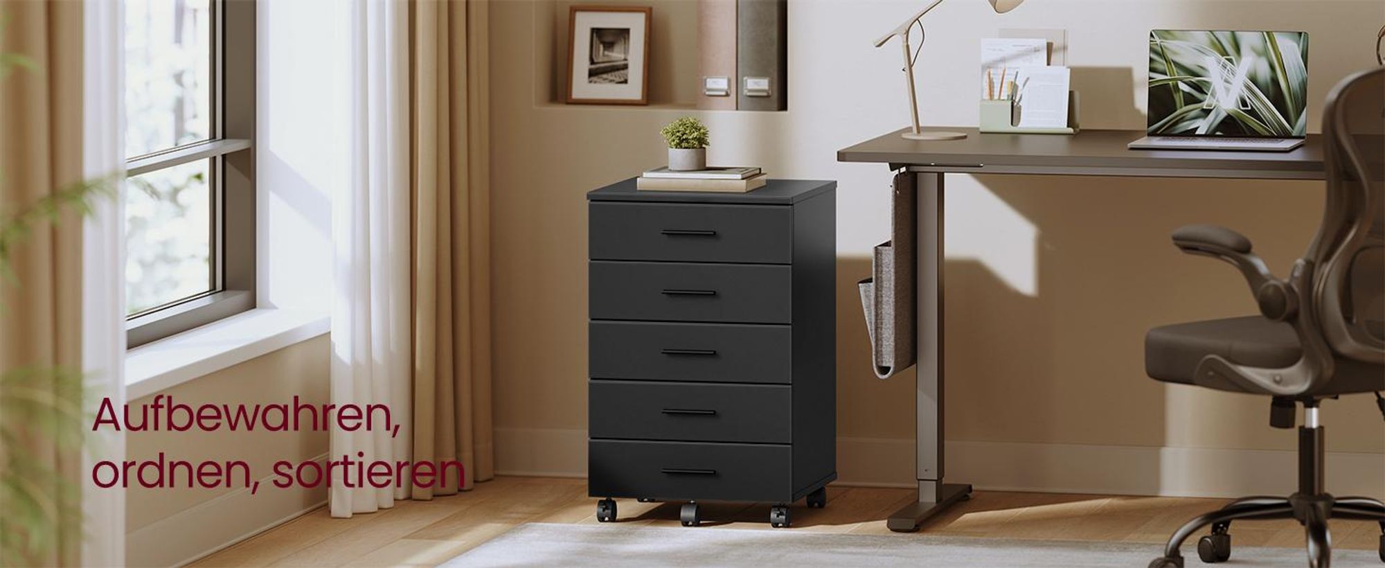 VASAGLE Rollcontainer, Aktenschrank, Schubladenschrank, Druckerständer, 5 Schubladen, mit werkzeuglosen Gleitschienen, schwarz
