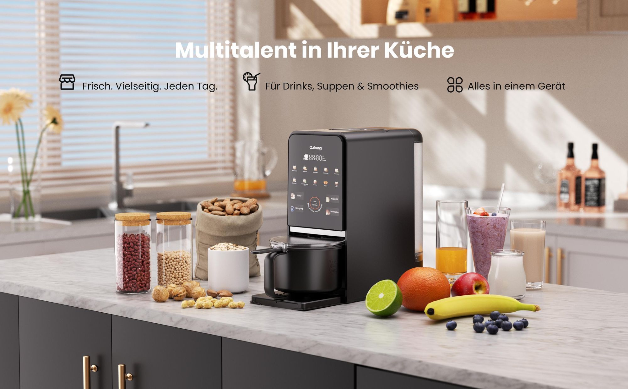 O.Young Pflanzendrink Maker Selbstreinigend,Hochleistungs Standmixer für Veganer Drink, Nussdrink, Suppen & Smoothies,Starker Motor & Heizfunktion