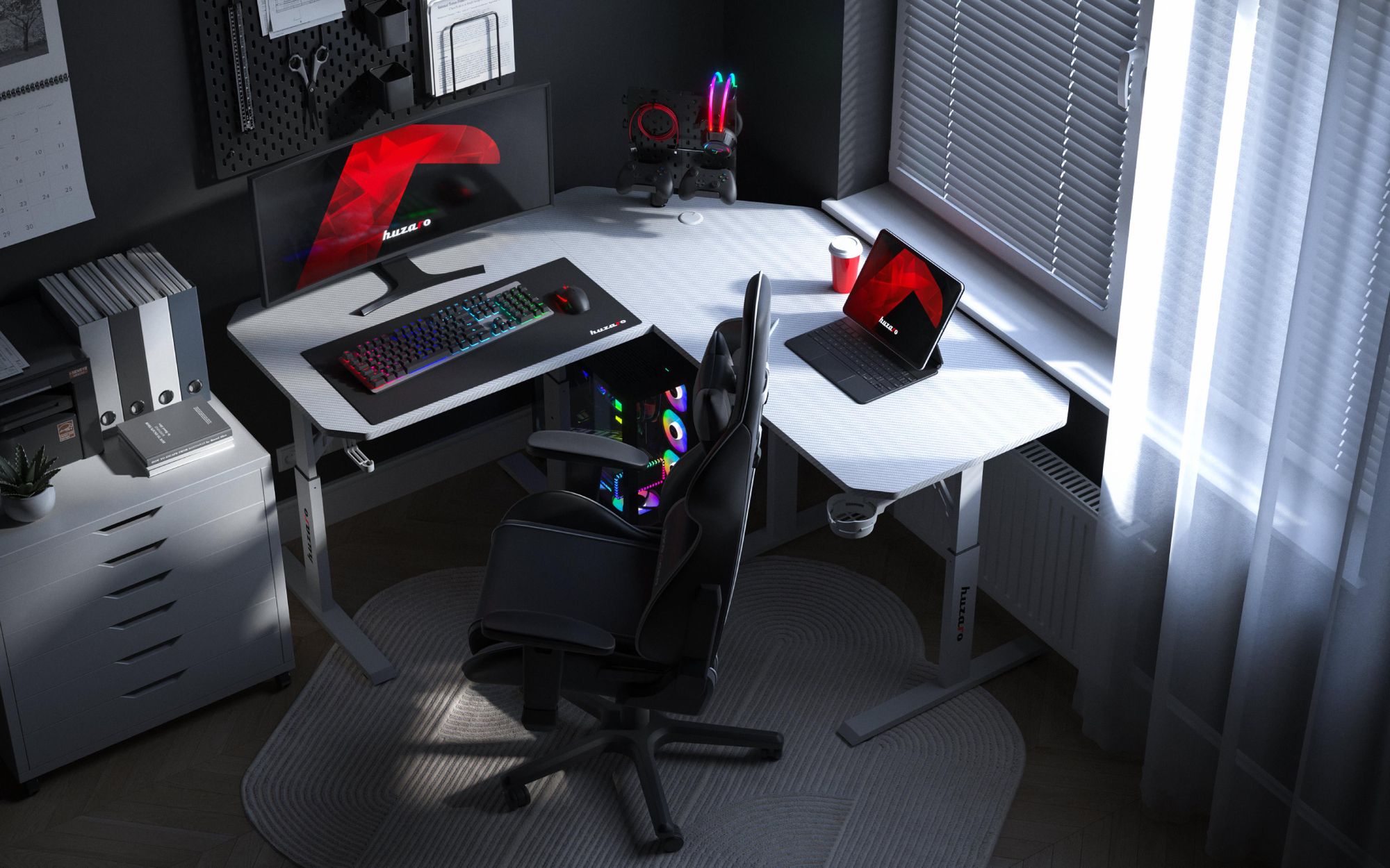 Huzaro Hero 7.3 White Gaming Schreibtisch, höhenverstellbar, Eckdesign, 140x80 cm, Carbonplatte, Kopfhörer- & Getränkehalter, bis 100 kg