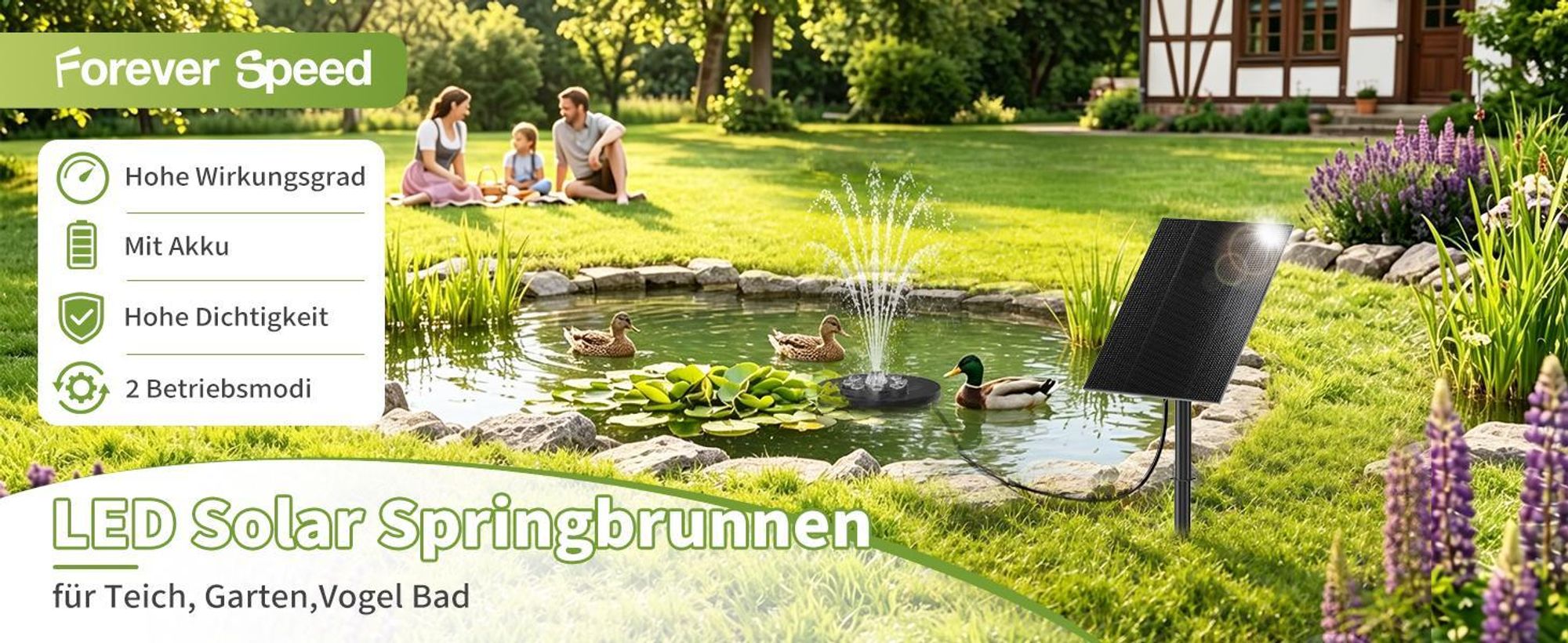 Forever LED Solar Springbrunnen mit Batterie Springbrunnen Solar Teichpumpe Solar Wasserpumpe 10W für Aaußen für Teich, Garten,Vogel Bad