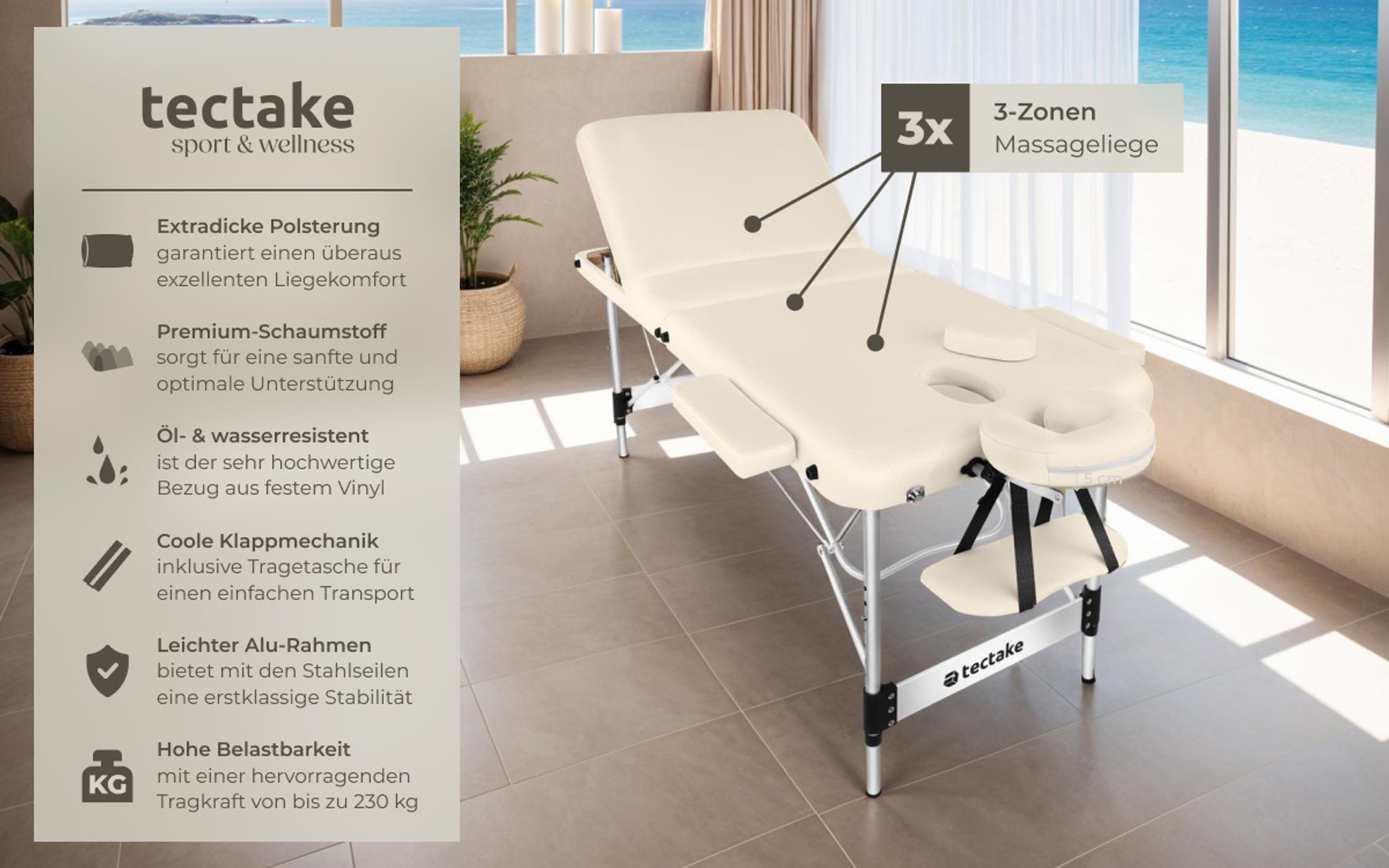 tectake® 3 Zonen Massageliege Phuket Breite 70 cm, Polsterung 5 cm 212 x 103 x 90 cm