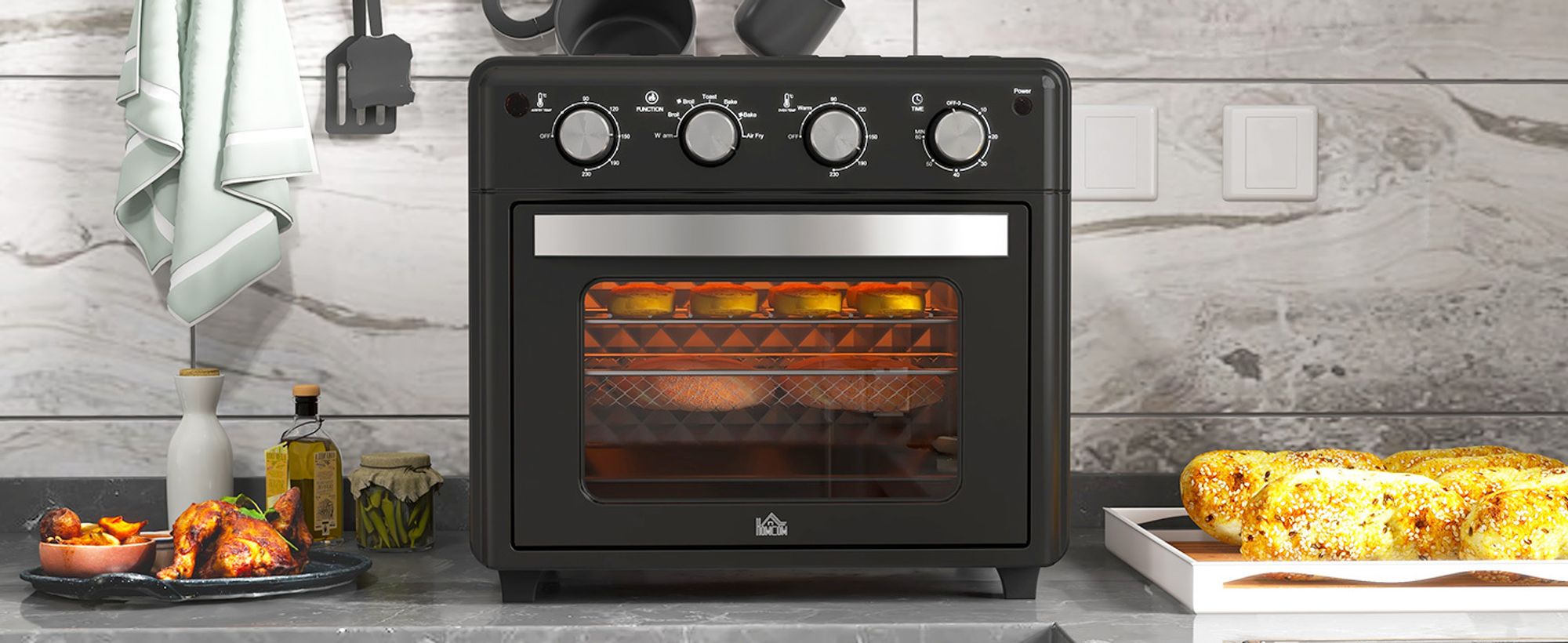 HOMCOM Minibackofen mit Umluft 30L Mini Ofen mit Backblech Grillrost Krümelblech