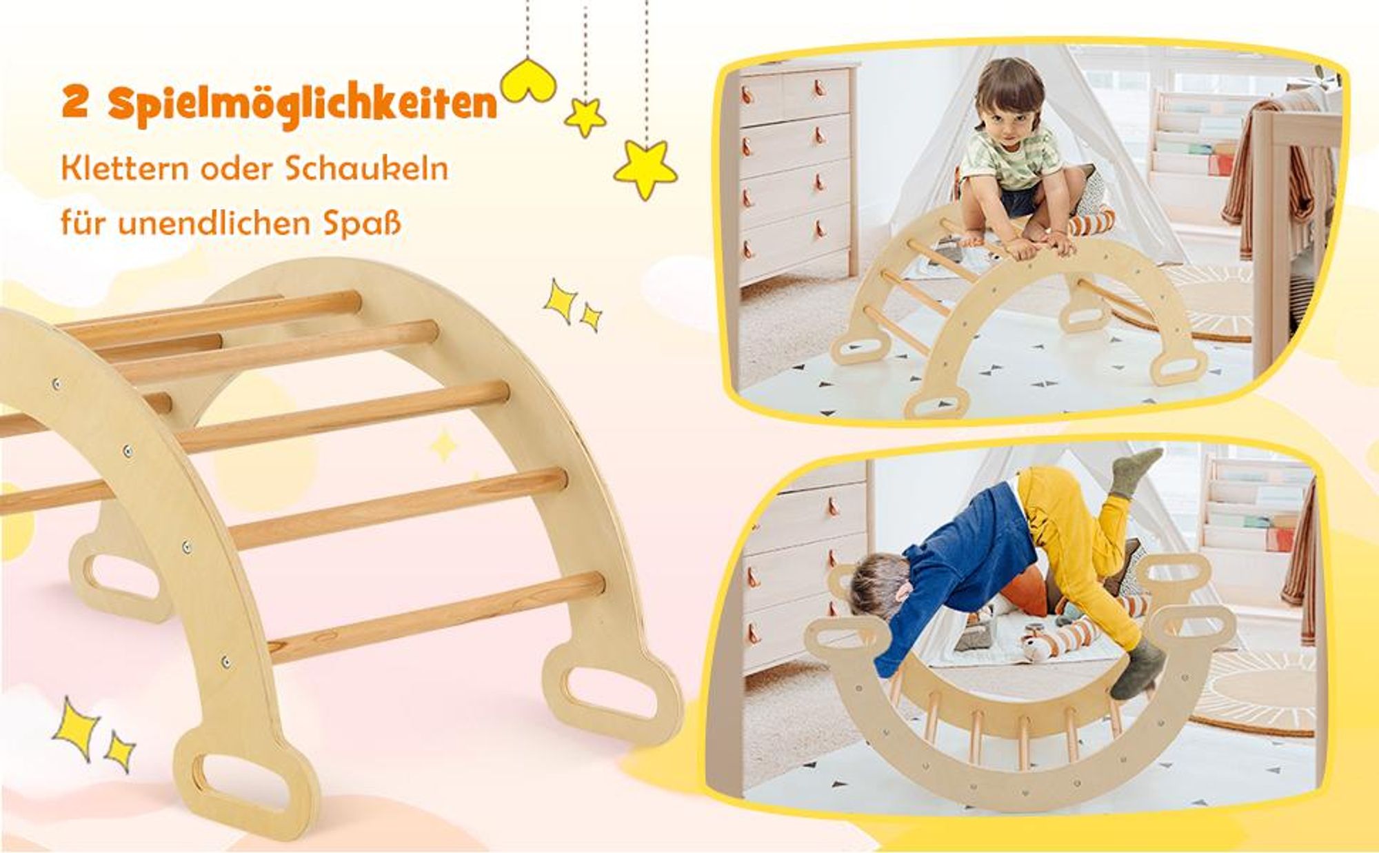 DREAMADE Klettergerüst mit Kletterbogen und Rutsche,Montessori Indoor Kletterdreieck ab 1 Jahre(Natur)