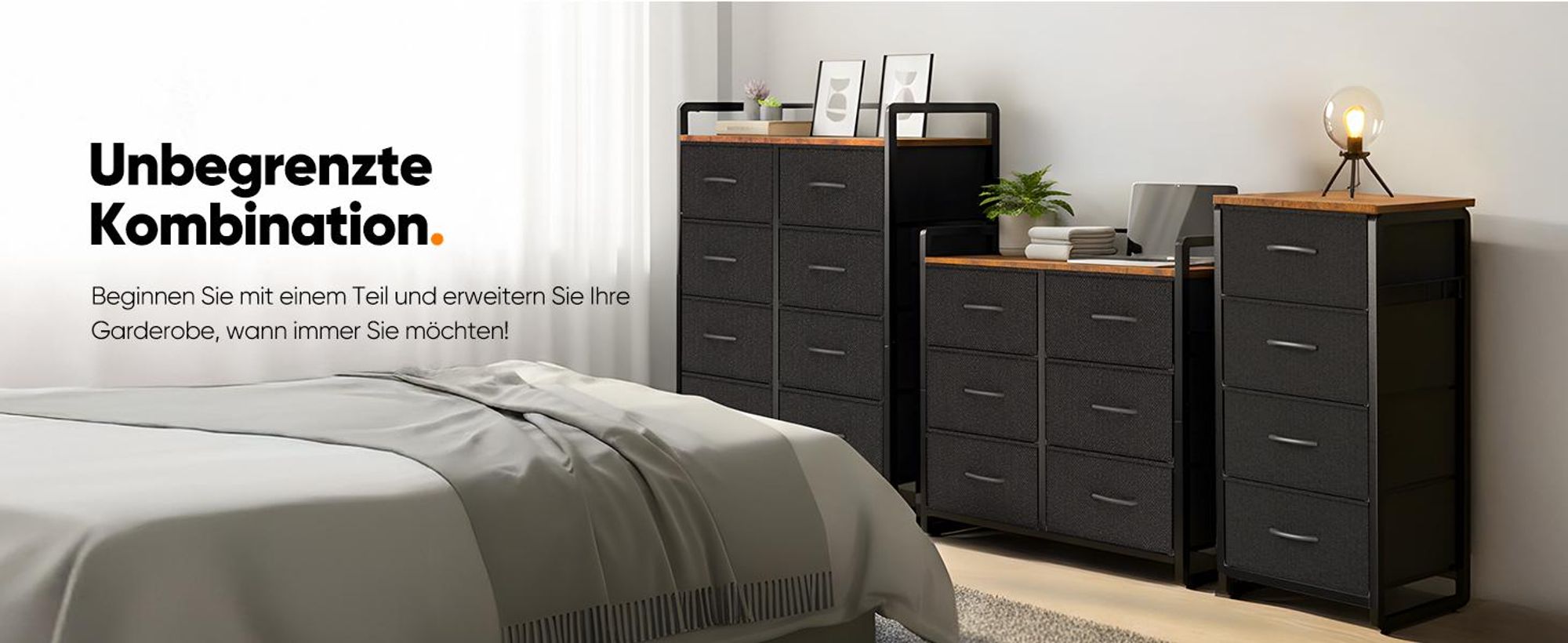 HOKEEPER Kommode, Sideboard mit 4 Stoffschubladen, Schmaler Aufbewahrungs Schrank aus Metall & Holz - Stabile, Chest of Drawers für Wohnzimmer