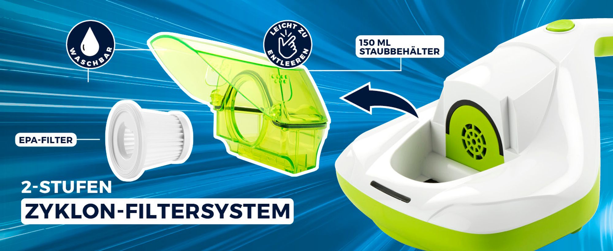 CLEANmaxx Milben-Handstaubsauger Kompakt Mit UV-C Licht Weiß/limegreen