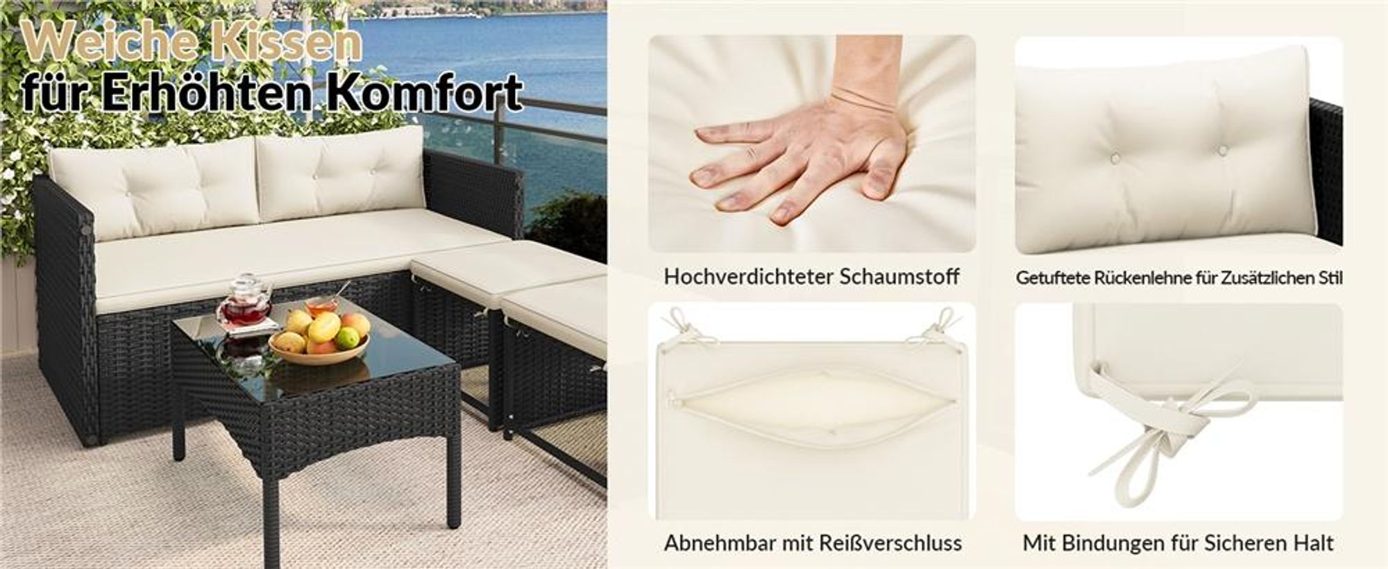 Yaheetech 2-in-1 Gartenmöbel Set aus Polyrattan, inkl. Sofa Tisch Hocker, modulare Sitzgruppe für Gartenlounge, Schwarz & Beige