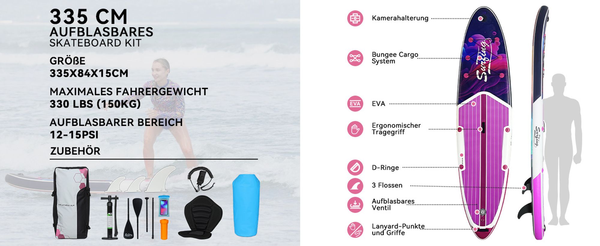 Puluomis SUP Board mit Sitz 335cm, Stand Up Paddle Boards Set, Paddling Paddelboard Surfbrett Aufblasbar, Pumpe Tragetasche, MB. bis 150Kg Lila
