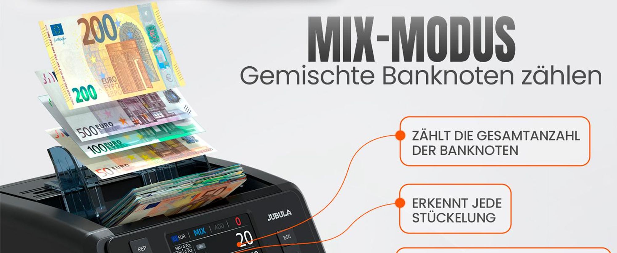 Jubula MV-400 Geldzählmaschine mit MPR-1 Drucker, Touchscreen, gemischter Wertzählung, Falschgelderkennung, 10 Währungen
