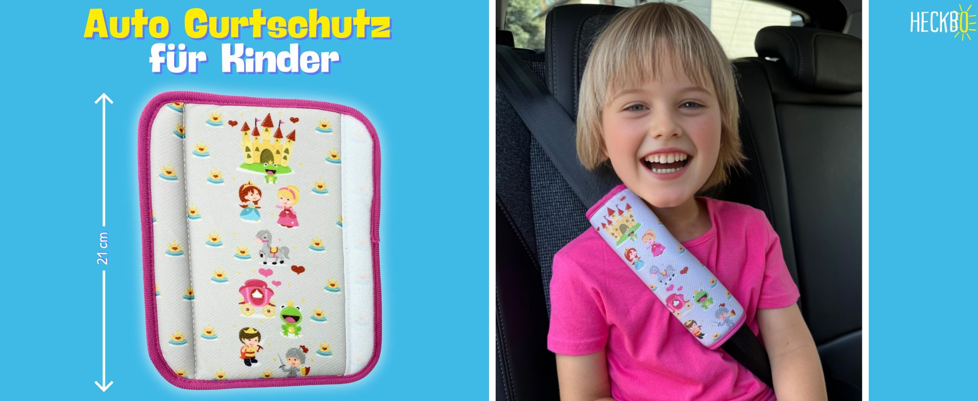 2x HECKBO Kinder Auto Gurtpolster Gurtschutz mit Prinzessin Motiv - Sicherheitsgurt Polster für Kinder und Babys- Ideal für jeden Gurt Autositzerhöhungen Kinder Fahrradanhänger Flugzeug