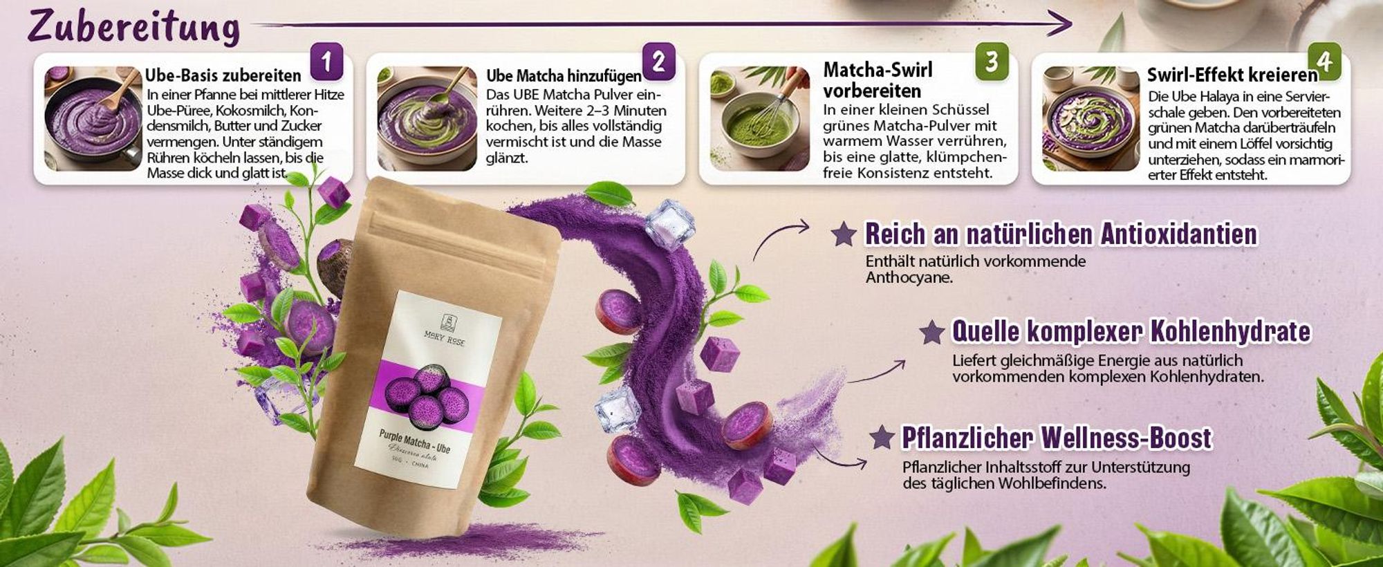 Mary Rose - Purple Matcha Tee Ube Pulver 50g - Lila Yamswurzel - Koffeinfrei - Für Latte, Gebäck - Lebensmittelfarbstoff - Vanille-Nuss-Geschmack