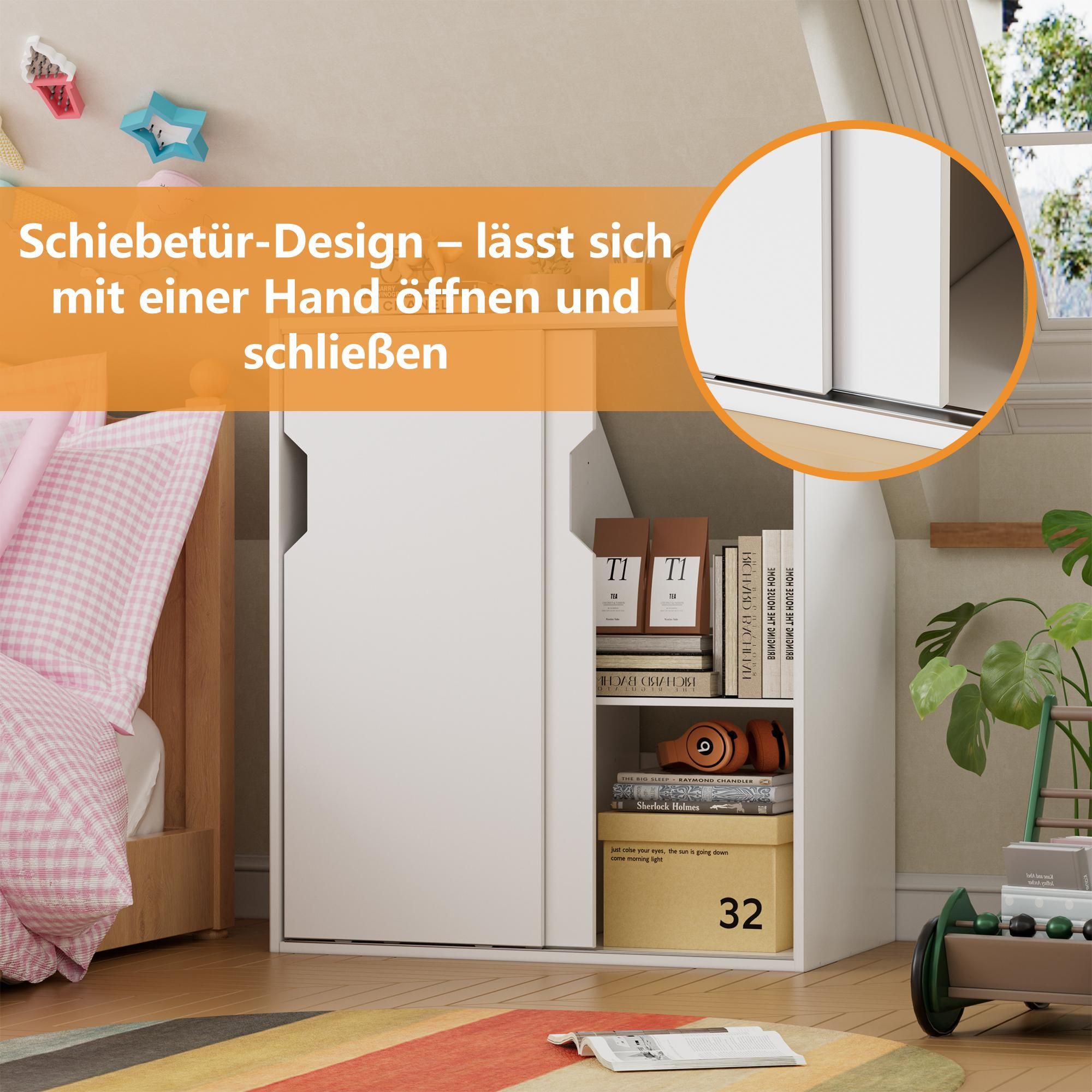 Dachschrägenschrank mit 2 Türen, platzsparendes Schrägregal für Dachschrägen, 100×80×52 cm,Kleiderschrank & Bücherregal Weiß