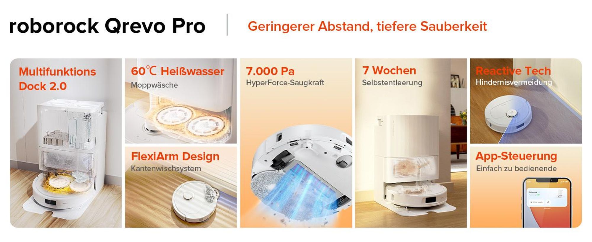 Roborock Qrevo Pro Saugroboter, 60°C-Heißwasser-Moppwäsche, FlexiArm Kantenreinigung, Hebarer Mopp, Teppichstrategie (Upgrade von Qrevo S ) Weiß