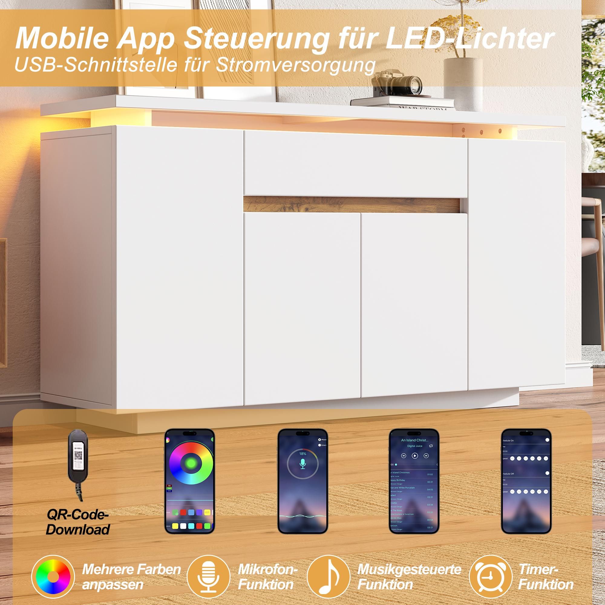 Merax Kommode Sideboard mit LED-Beleuchtung, 1 Schublade, 4 Türen, Viel Stauraum für Wohnzimmer, Flur oder Küche, Anrichte, Weiß, 140 x 40 x 80 cm
