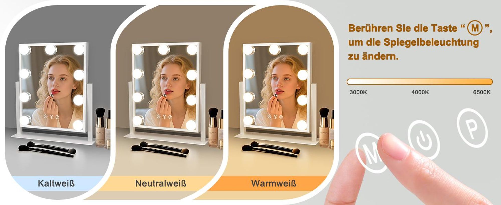 ZMH Schminkspiegel mit Beleuchtung Hollywood Spiegel Vanity Mirror mit 9 LED Klein Kosmetikspiegel mit Licht 360° Drehung Tischspiegel 3 Modi schminktischspiegel Touch Hollywoodspiegel Dimmbar