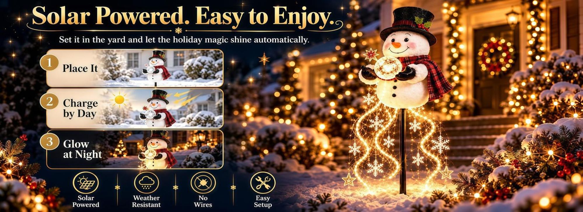Weihnachts Schneemann Gartenstecker, solarbetrieben, warmweiße LED, Leuchtkugel, Schneeflocken & Sterne, Weihnachtsdeko für Garten, Beet,Terrasse,22cm
