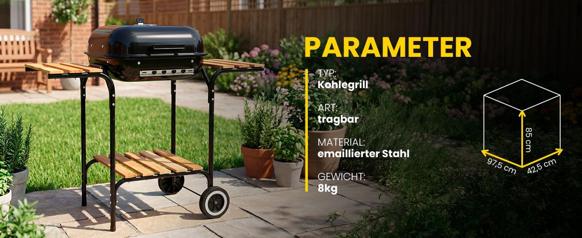 Holzkohlegrill Grillwagen mit Ablagen Gartengrill Camping Garten mit Rädern Terrasse BBQ