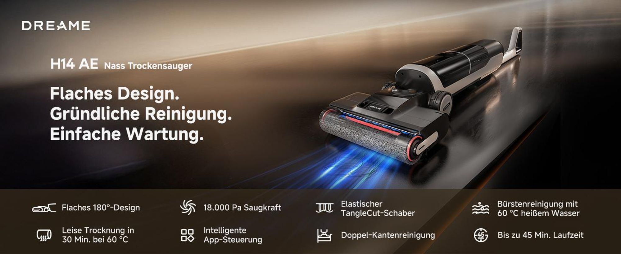Dreame H14 AE Nass- und Trockensauger,18kPa Saugkraft,180° Lie-Flat,60 °C Bürstenpflege,selbstreinigend&trocknend,Doppelrotationsbürste,App,LED,280㎡