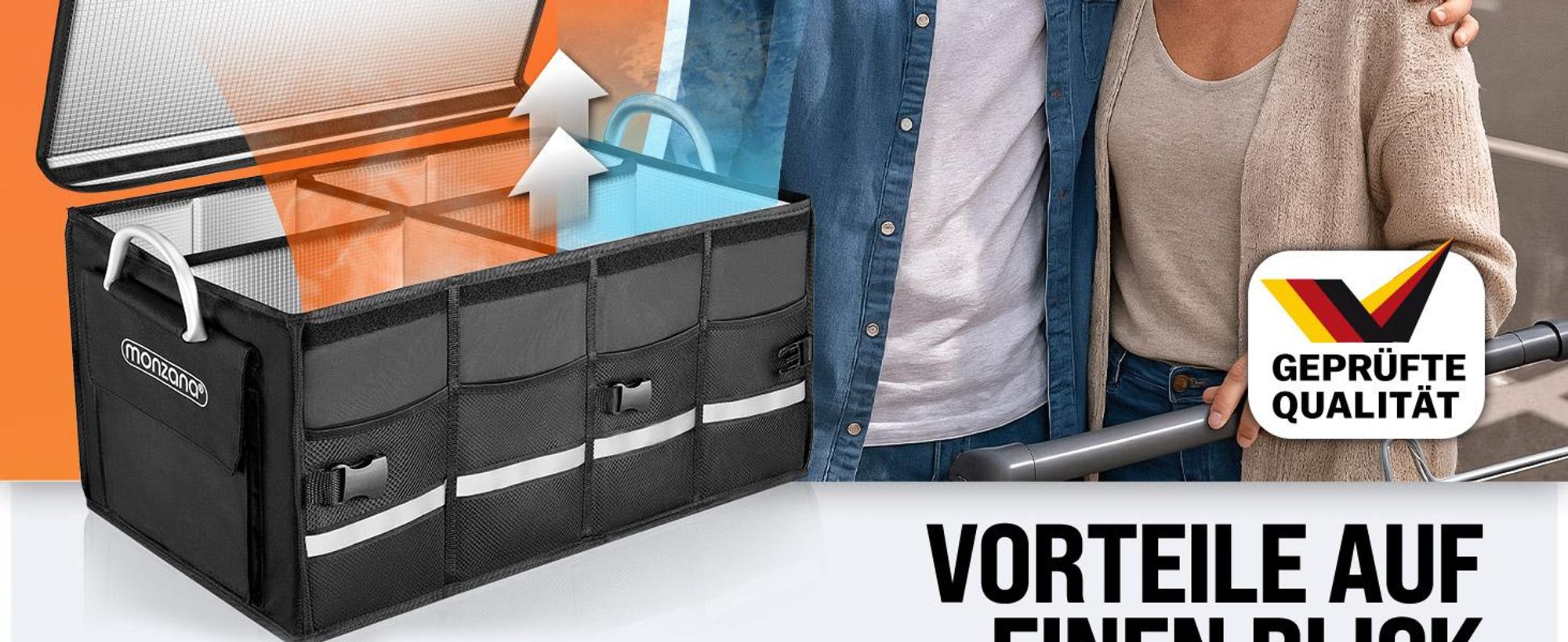 MONZANA® Kofferraum Organizer Deckel 68L Isolierfolie Trennwände Wasserdicht Faltbar MDF Wände Rutschfest Kofferraumtasche Kofferraumbox Auto Schwarz