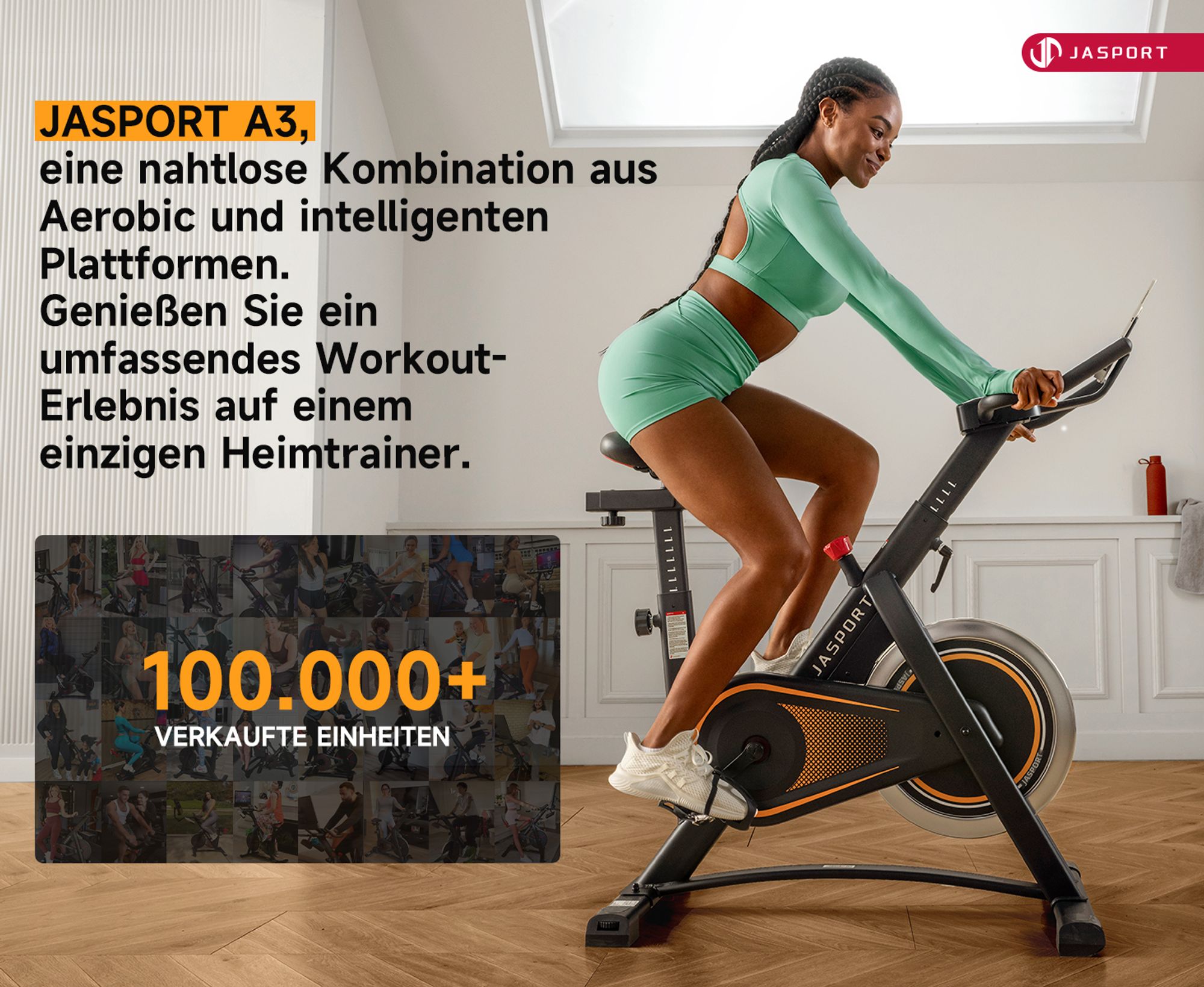 JASPORT A3 Leises Heimtrainer Fahrrad, LED-Monitor, Bluetooth & App, verstellbarer Sitz & Widerstand, Tablet-Halter, bis 120 kg, Fitnessbike Zuhause