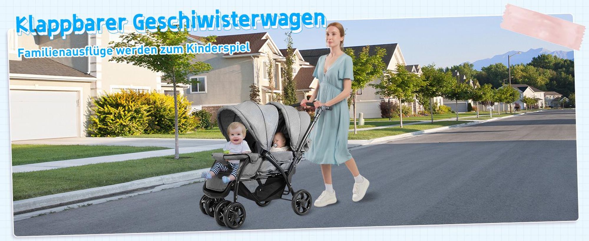 COSTWAY Kombikinderwagen bis 30 kg, Geschwisterwagen klappbar, Kinderwagen mit Rückenlehne & Verdeck, Zwillingsbuggy für Baby ab 6 Monate, Grau