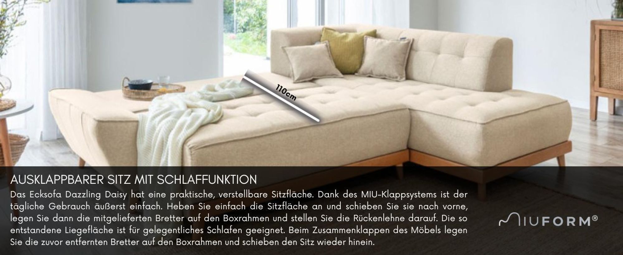 MIUFORM Dazzling Daisy - Ecksofa mit Bettfunktion und Bettkasten L-FORM LINKS - 253x190cm - Türkis - Sofa Schlafsofa Couch