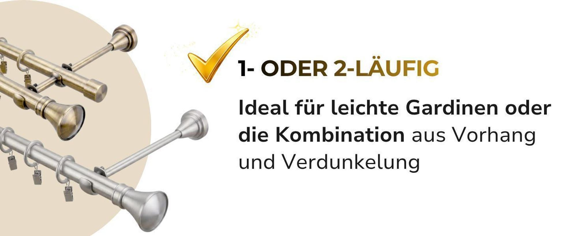 Gardinenstange 320 cm 2-läufig Satin 19 mm Durchmesser Glamour Endstück Monaco Vorhangstange Metall-Gardinenstange Curtain Rod