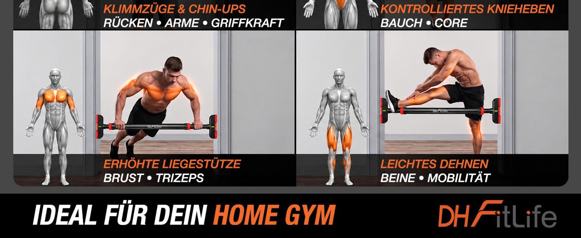 DH FitLife Klimmzugstange Türrahmen ohne Bohren, 72–92 cm, bis 200 kg, mit Wasserwaage, Doppelsicherung und Anti-Rutsch-Pads, Schwarz-Rot
