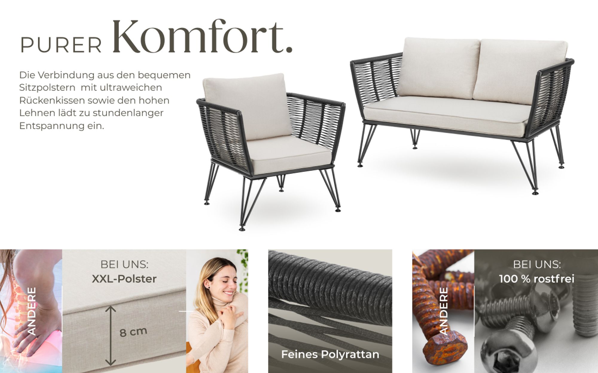 tectake® Garten-Loungeset Sundo im Rope-Design mit Polyrattan