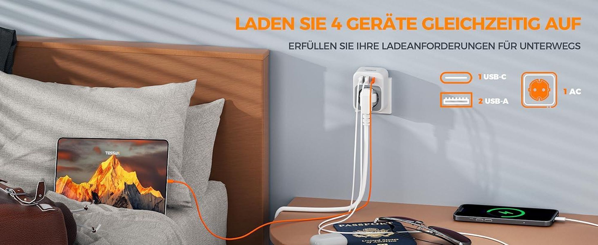 TESSAN 2er Pack UK Adapter England Deutschland Stecker 4 in 1 Steckdosenadapter mit USB C und 2 USB A Typ G für London