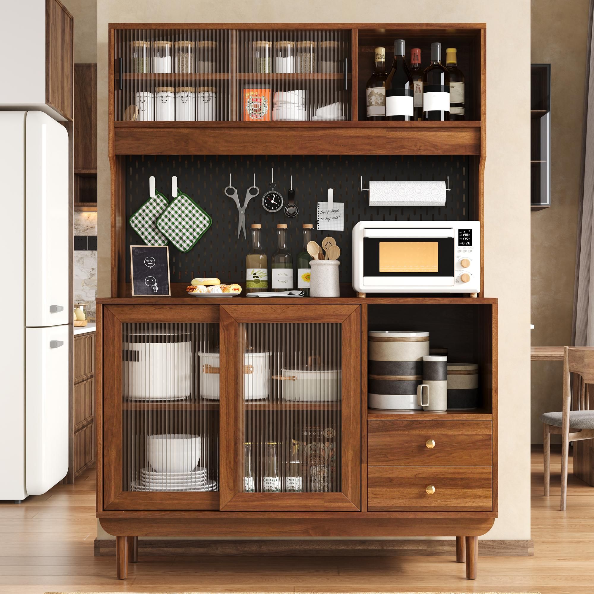 Merax Küchenschrank Buffet mit Riffelglas-Schiebetüren, Sideboard mit Schubladen, Hochschrank mit offenen Fächern, Lochplatten-Rückwand, Nussbaum