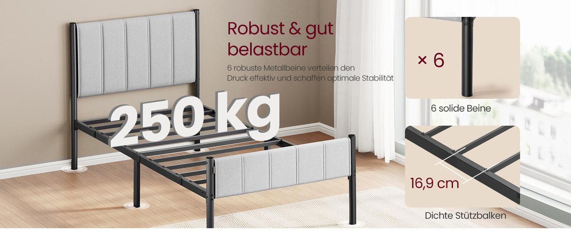 VASAGLE Einzelbettgestell, 90 x 200 cm, Bettgestell, mit gepolstertem Kopfteil, Bettrahmen, Stahl, trägt bis zu 250 kg, einfache Montage
