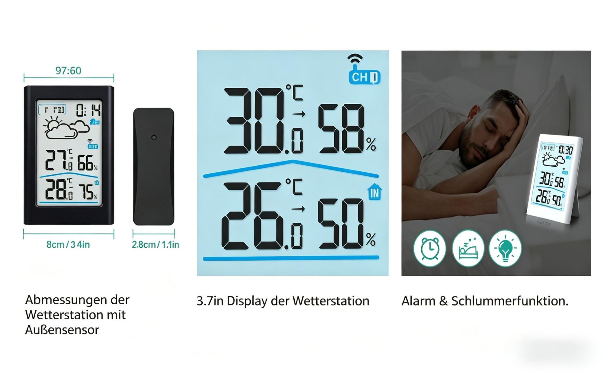 Funk Wetterstation mit Außensensor, DCF Funkuhr, Thermometer Innen Außen 100m, bis zu 3 Sensoren, Hygrometer, Wettervorhersage, Digitales Display