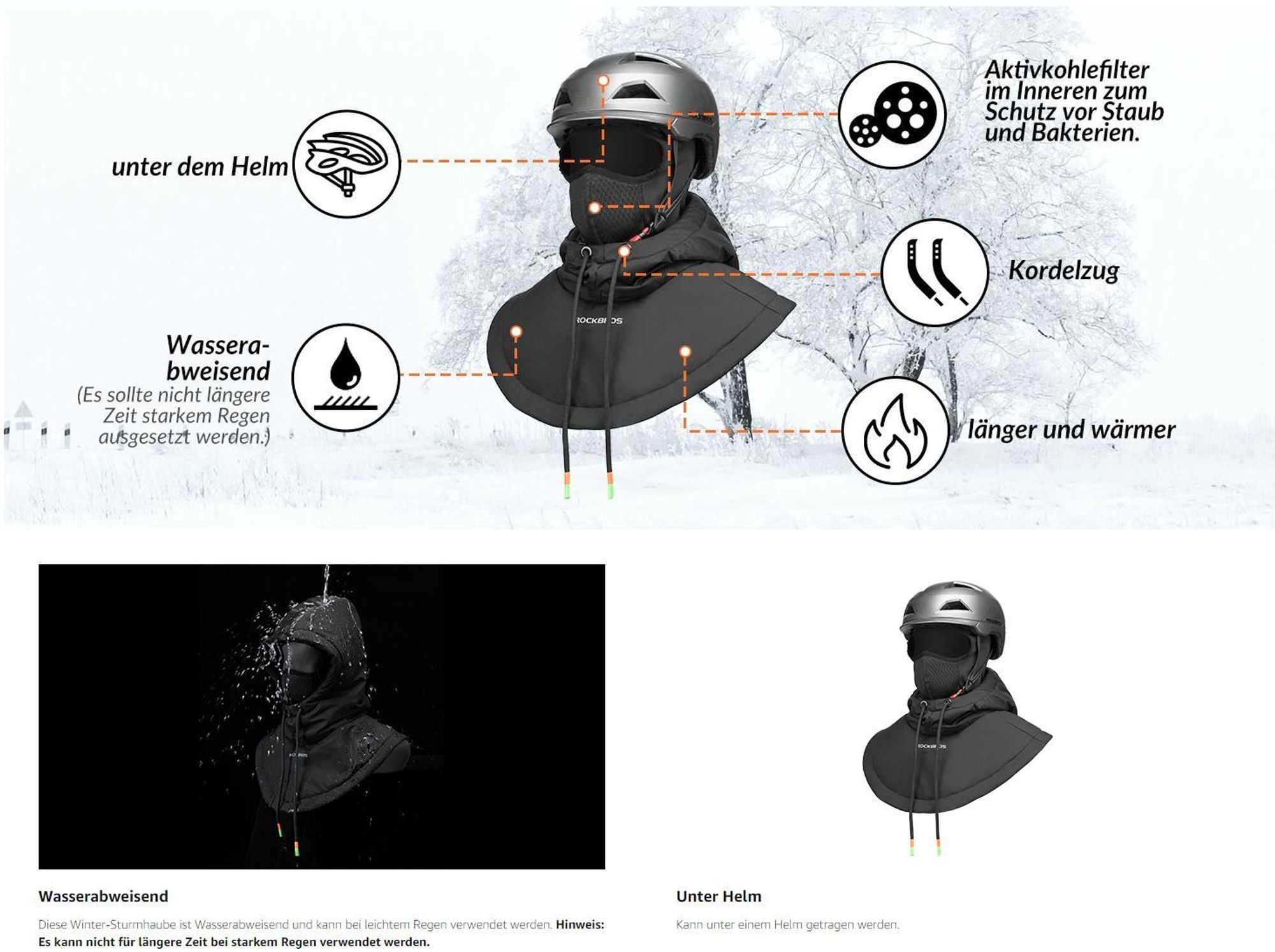 ROCKBROS Skimaske Motorrad Balaclava Winddicht Wintermütze Sturmhaube Fleece Unter Helm Neu Herren Damen für Radfahren, Skifahren