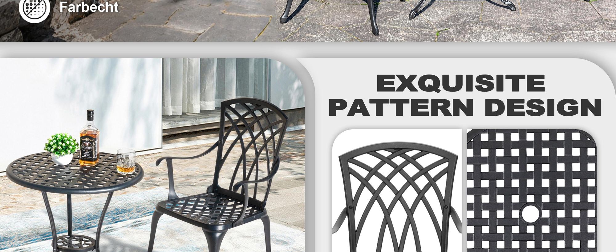 Avestar 3-teiliges Bistroset aus Aluminiumguss, Gartenmöbel Set, runder Bistrotisch  mit 2 Bistrostühlen, Schwarz