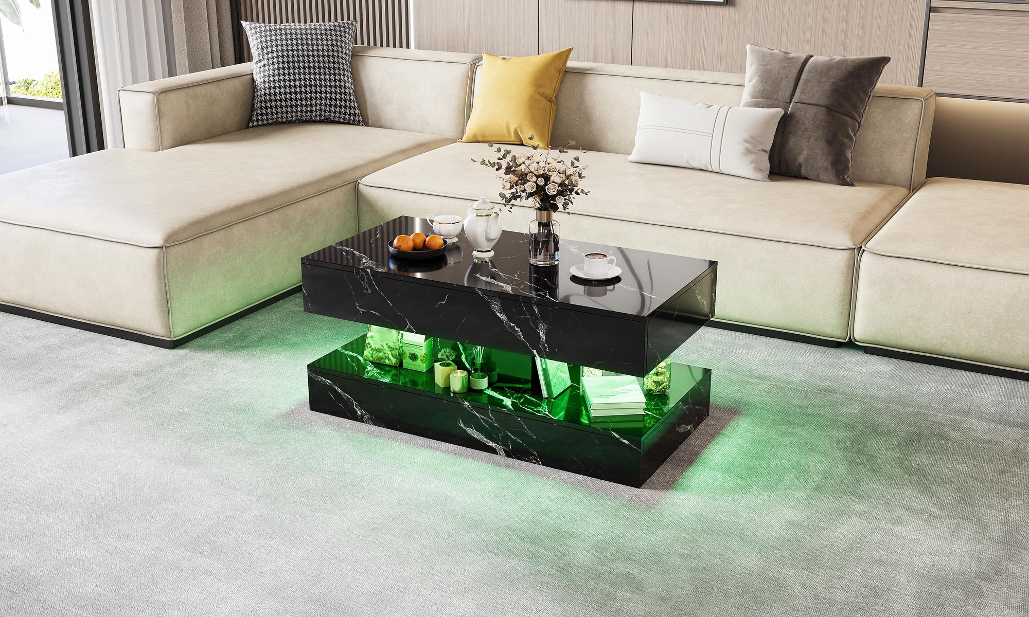 INONEFT Couchtisch mit LED und verstecktem Stauraum,2 Schubladen,Rechteckiger Hochglanz Beistelltisch,Wohnzimmertisch,Schwarz