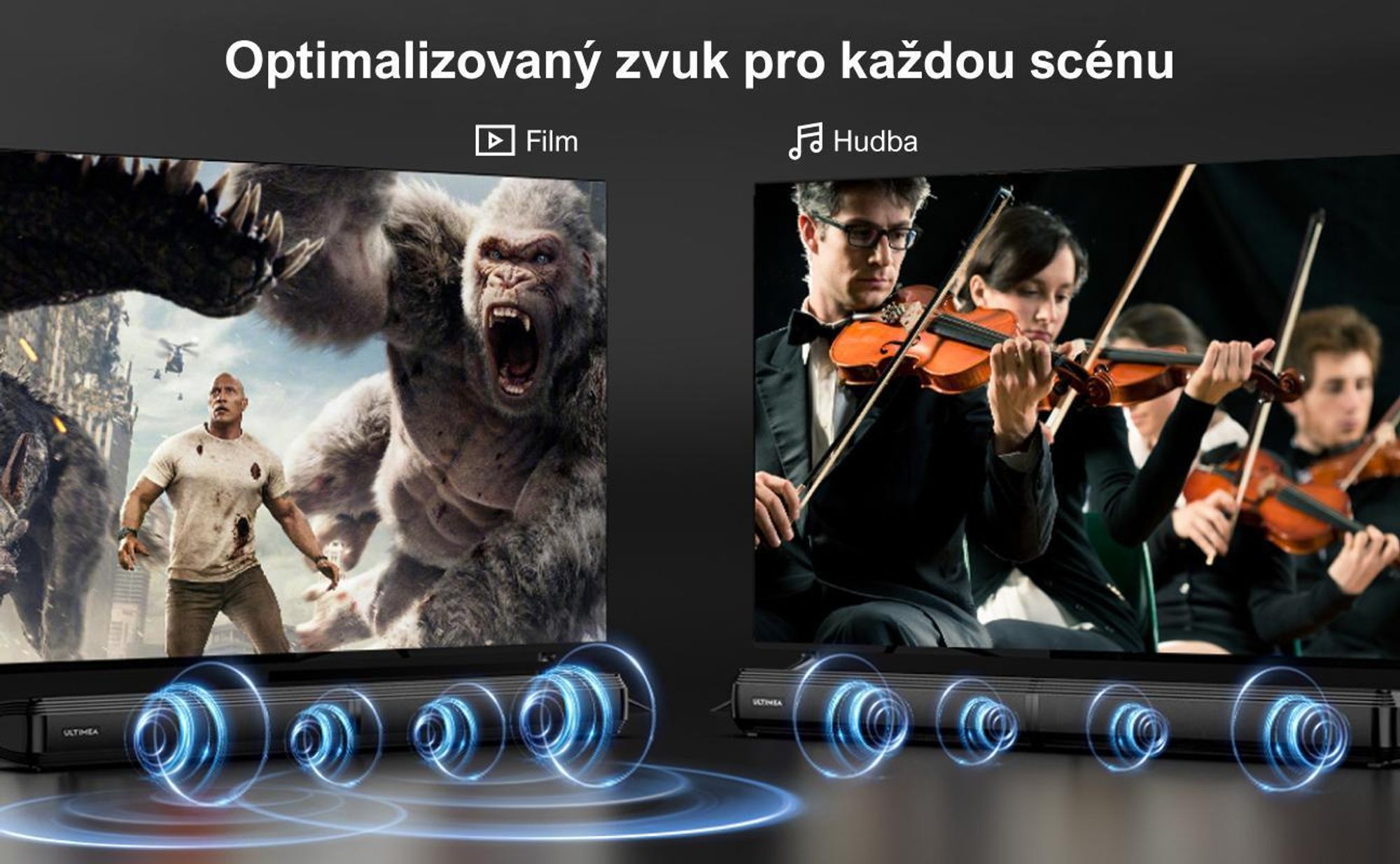ULTIMEA Soundbar pro televizory, rozdělitelný soundbar 2 v 1, 100 W, Bluetooth® 5.3, televizní reproduktor se 3 režimy ekvalizéru a nastavitelnými basy, ARC/optický vstup/Aux