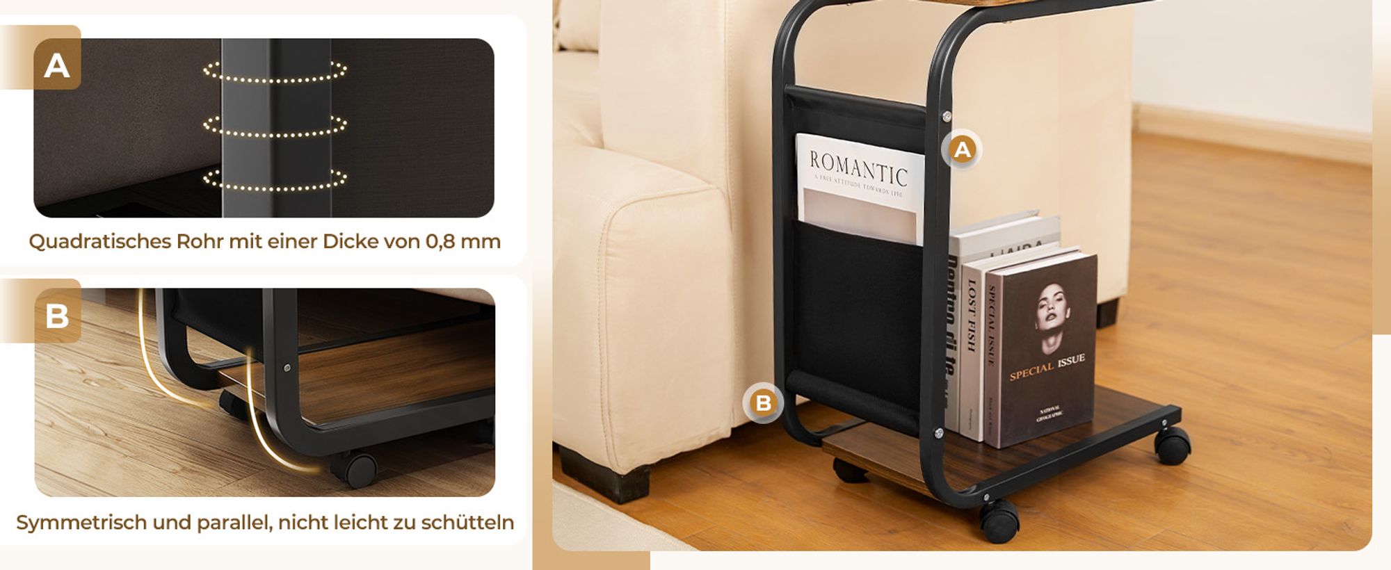 Yorbay Beistelltisch C-Form Couchtisch, Sofatisch 45×30×65 cm Kaffeetisch mit Rollen & höhenverstellbaren Füßen - Wohnzimmer, Büro, Balkon