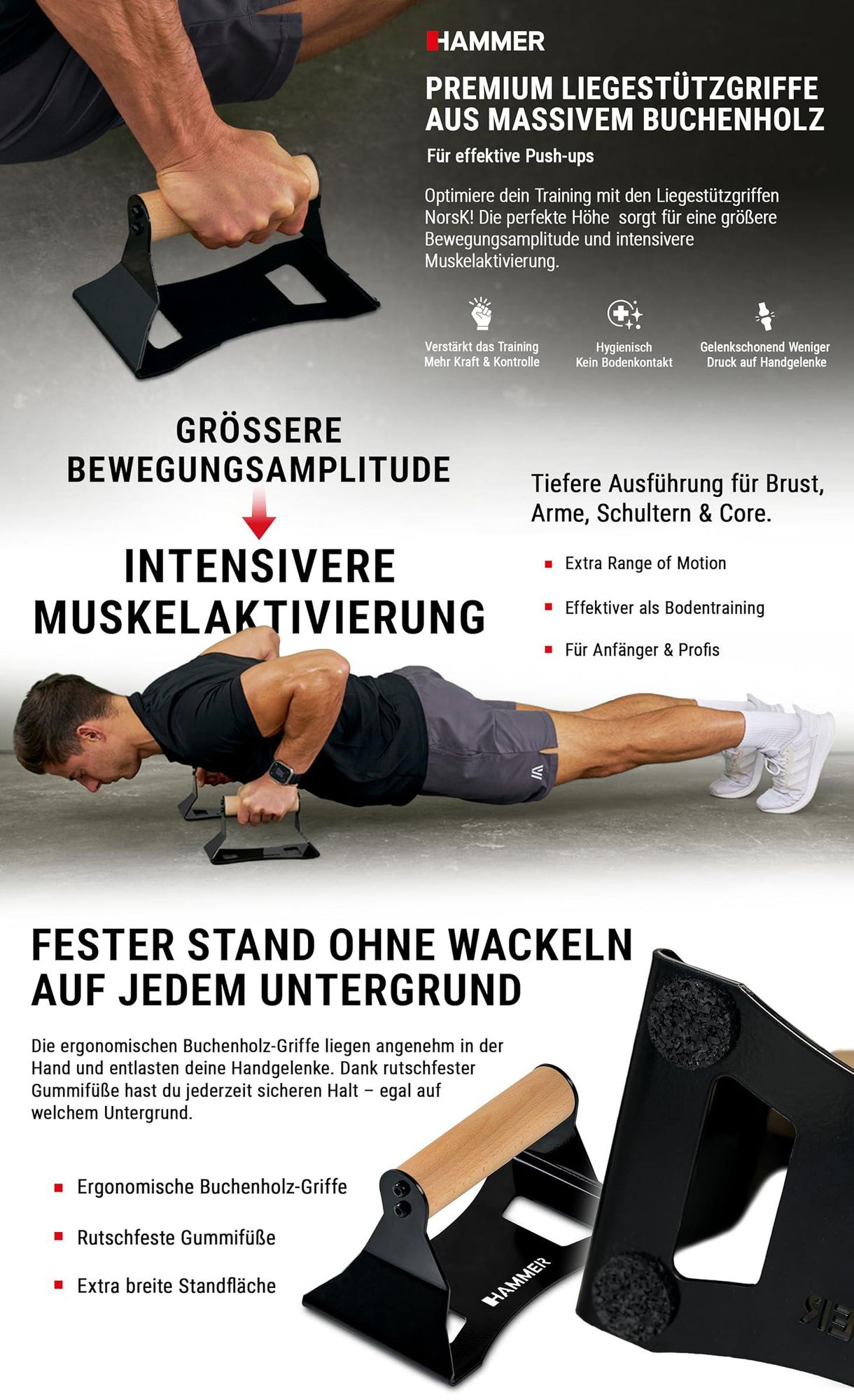 HAMMER Liegestützgriffe NorsK, 2er Set, Push Up Bars Buchenholz, Rutschfest, ergonomische Griffhöhe, für Calisthenics & Functional Training
