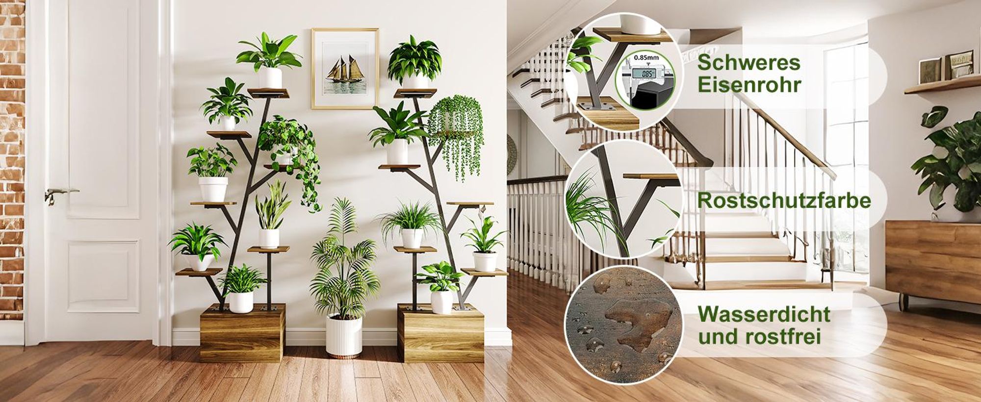 INONEFT 6 Ebenen Blumenständer mit Wachstumslichtern,Metall Holz Pflanzenregal ,Innen Blumentreppe,2 STÜCK