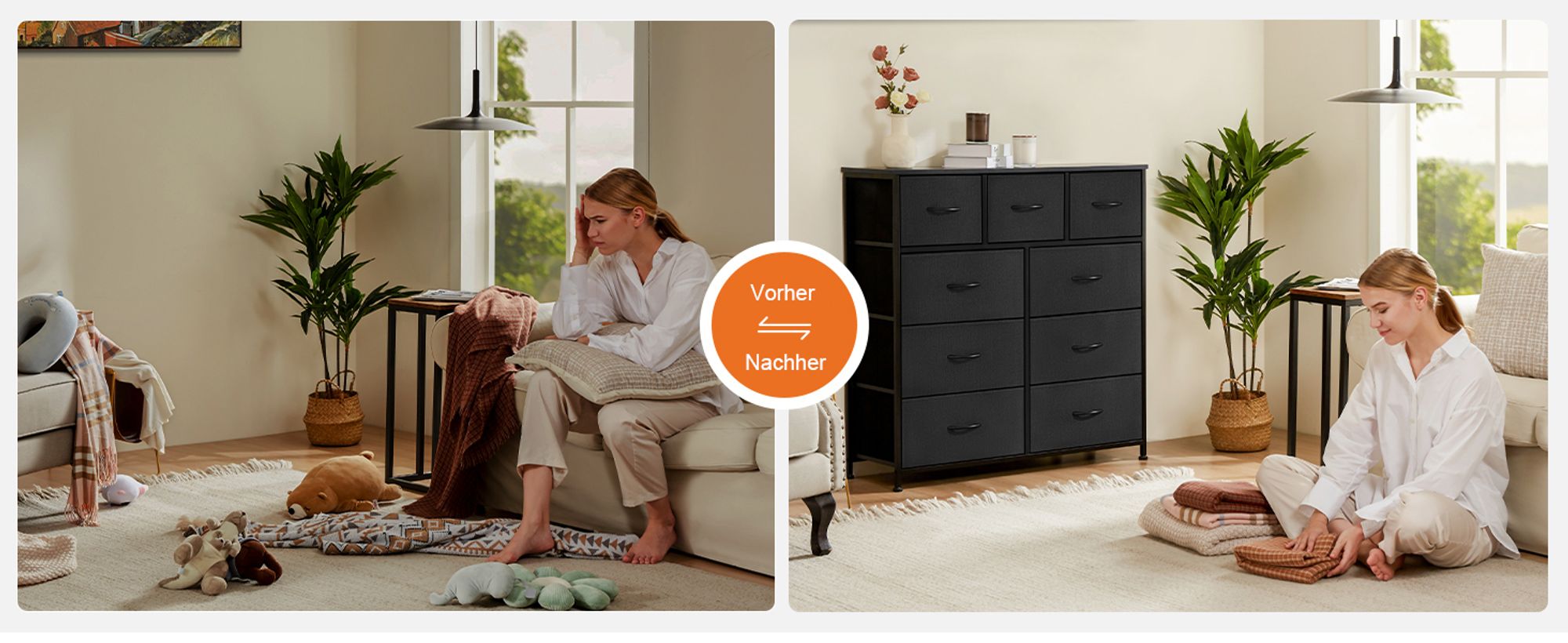 Sweetcrispy Kommode mit 9 Stoffschubladen ,Stoffkommode mit Stabilem Stahlrahmen, Ideal für Schlafzimmer, Wohnzimmer Mehrzweckschrank Schrank