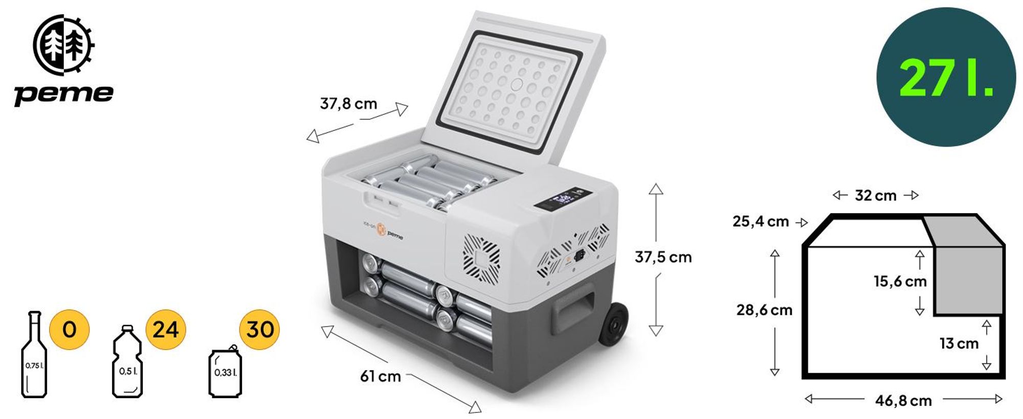 Lodówka kompresorowa PEME Expedition 30 28 l – lodówka samochodowa –20°C 12 V, 24 V, 230 V – elektryczna zamrażarka – lodówka kempingowa – aplikacja – ciężarówka – kamper – samochód – USB