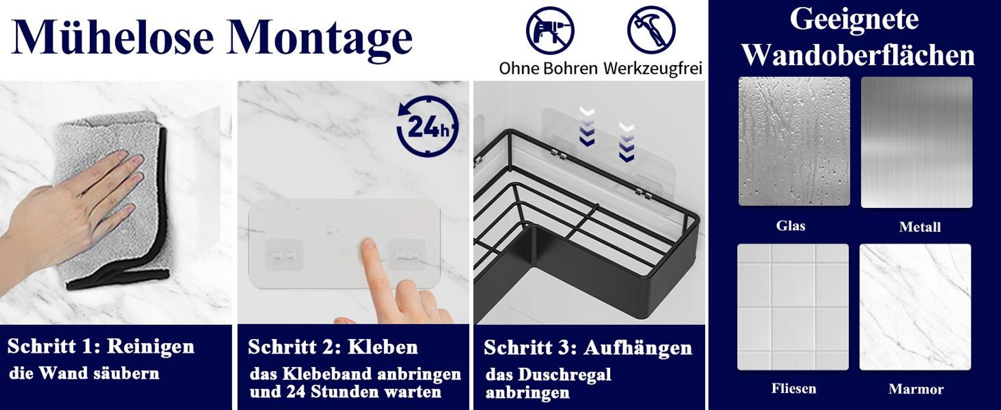 Duschregal, Eckregal, 2-Stück L-förmiger Duschablage, Eck-Duschregal, Duschkörbe, Badezimmerregal, mit 4 Haken, ohne Bohren