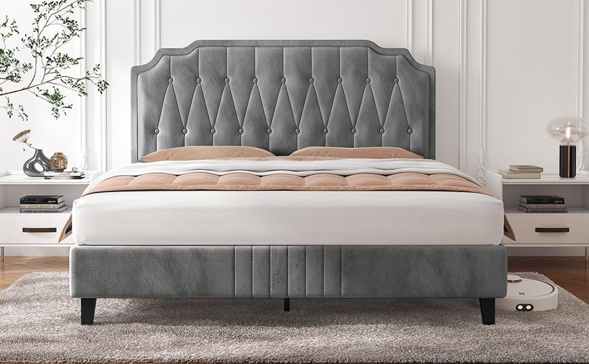 Yaheetech Polsterbett mit höhenverstellbarem Kopfteil Doppelbett 160×200cm Stoffbett Jugendbett Gepolstertes Bett Bettrahmen mit Lattenrost Hellgrau