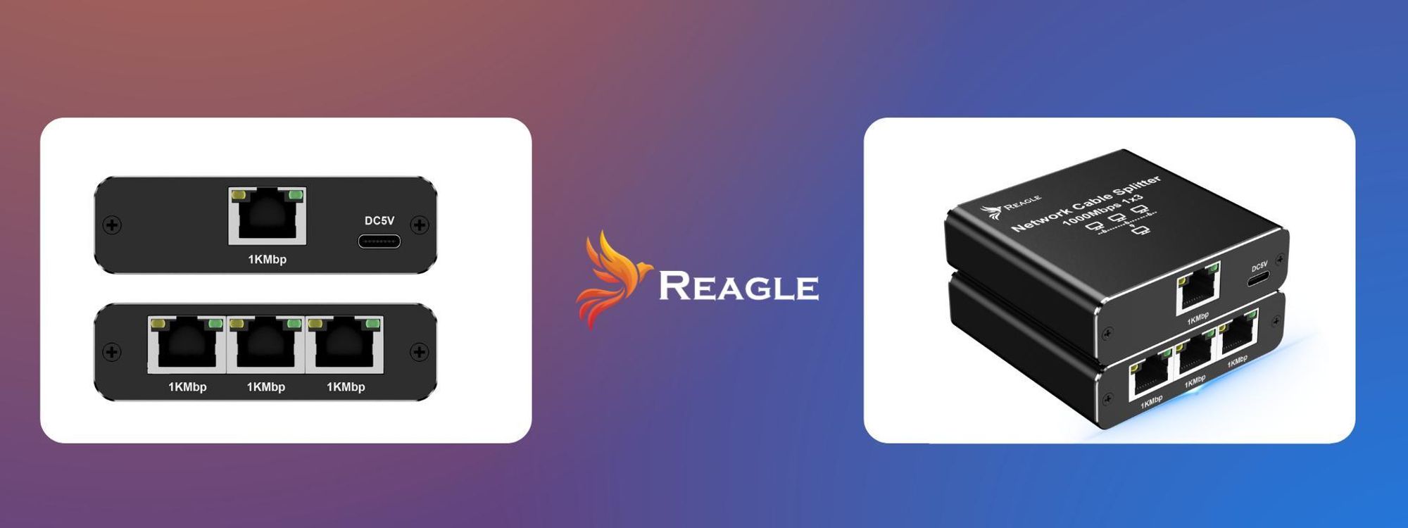 Reagle Premium LAN Splitter Switch 1 auf 3 RJ45 Gigabit Ethernet Netzwerkverteiler 1000Mbps für PC Gaming TV Konsole Aluminium Design USB C Power