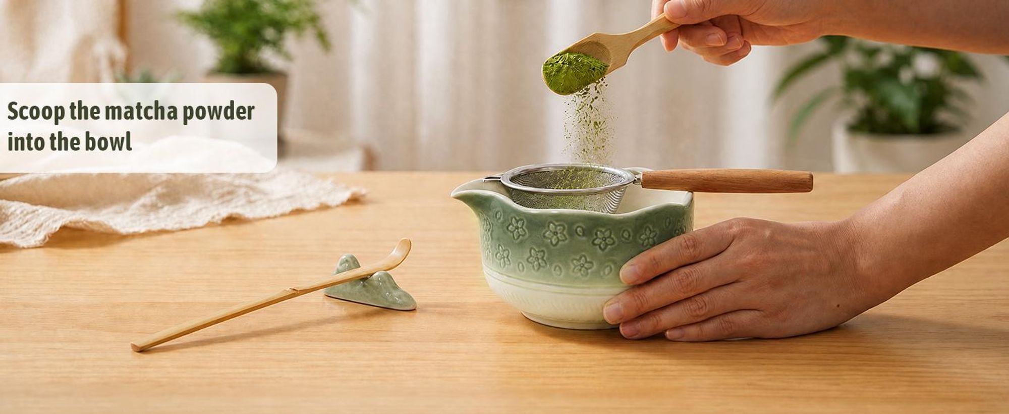 VONATES Matcha Set 9-tlg. mit Matcha-Schale, Bambus-Besener & Halter, Sieb, Löffel, Tuch, Eisform - Starter-Kit für Teezeremonie & Geschenk, Grün Farbverlauf