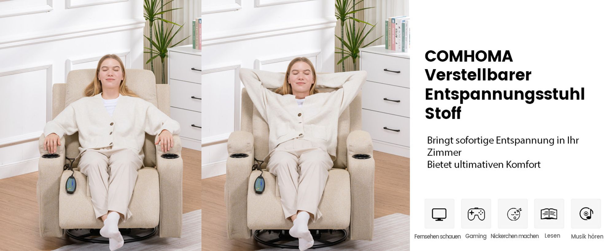 COMHOMA Relaxsessel TV-Sessel aus Stoff mit Liegefunktion Fernsehsessel Verstellbar, Recliner Chair, beige-Stoff