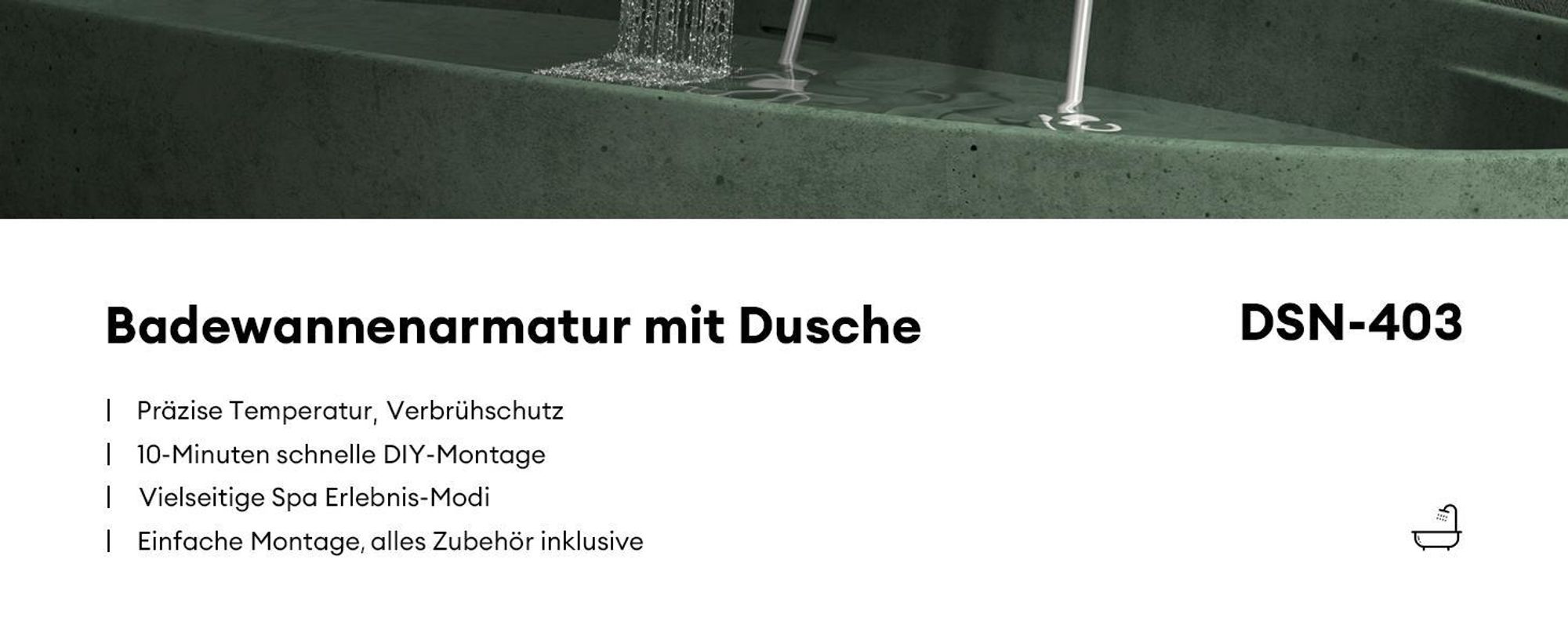 Mai & Mai Badewannenarmatur mit Handbrause Wasserfall Wannenarmatur 4 Strahlarten Wandarmatur für Badewanne aus Messing Silber DSN-403