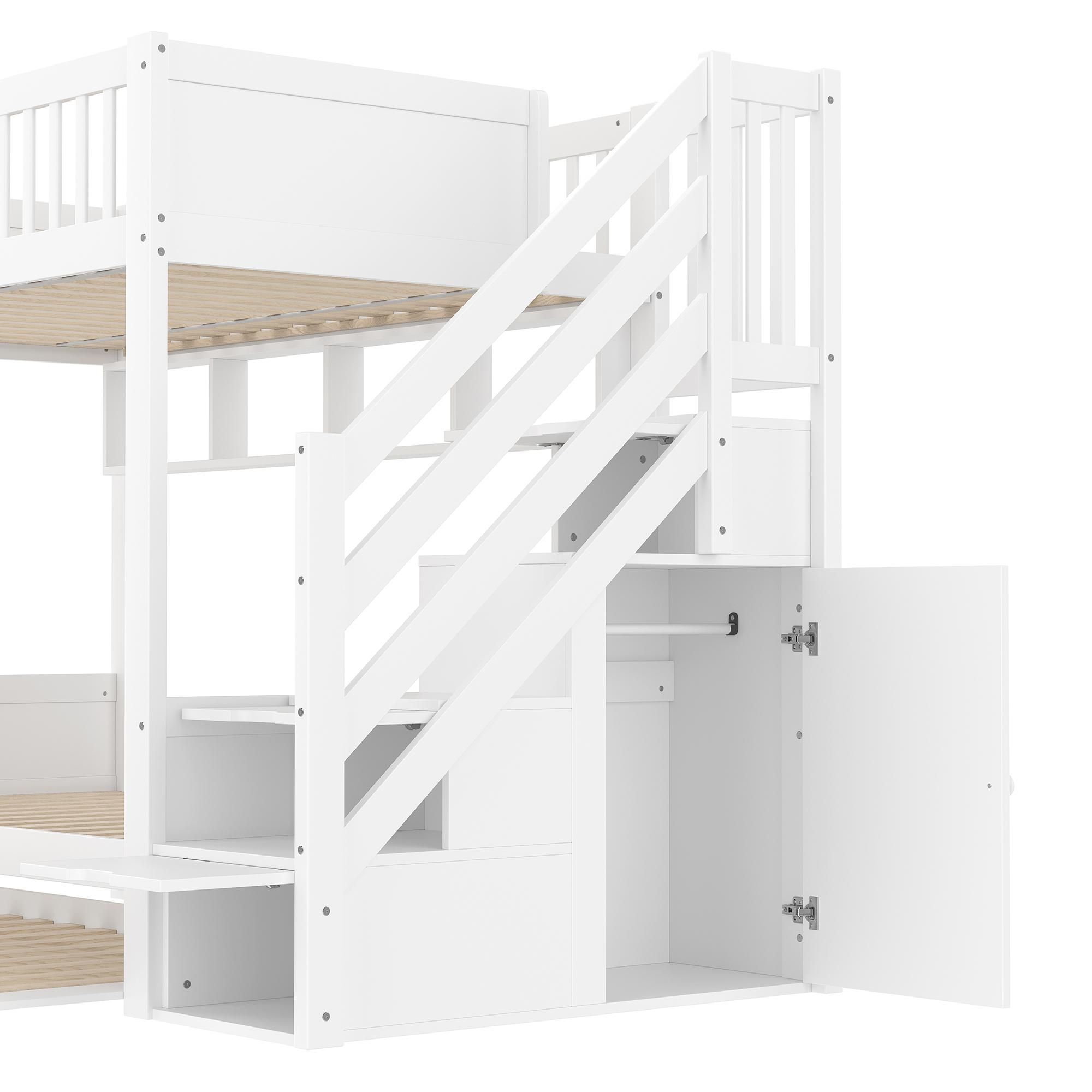 Merax Etagenbett 90x200cm, Kinderbett mit Ausziehbett, Lagertreppe, Kleiderschrank & Regal, Massivholzbett, Jugendbett, Stockbett, Weiß