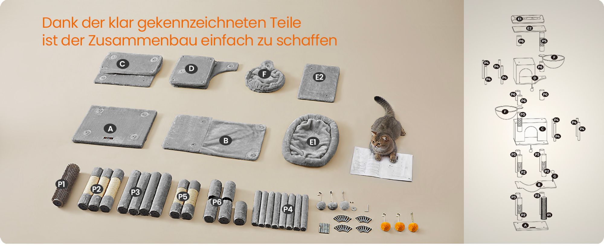 Feandrea Kratzbaum groß, XL, mehrstöckiger Katzenbaum mit Höhlen und Liegemulden